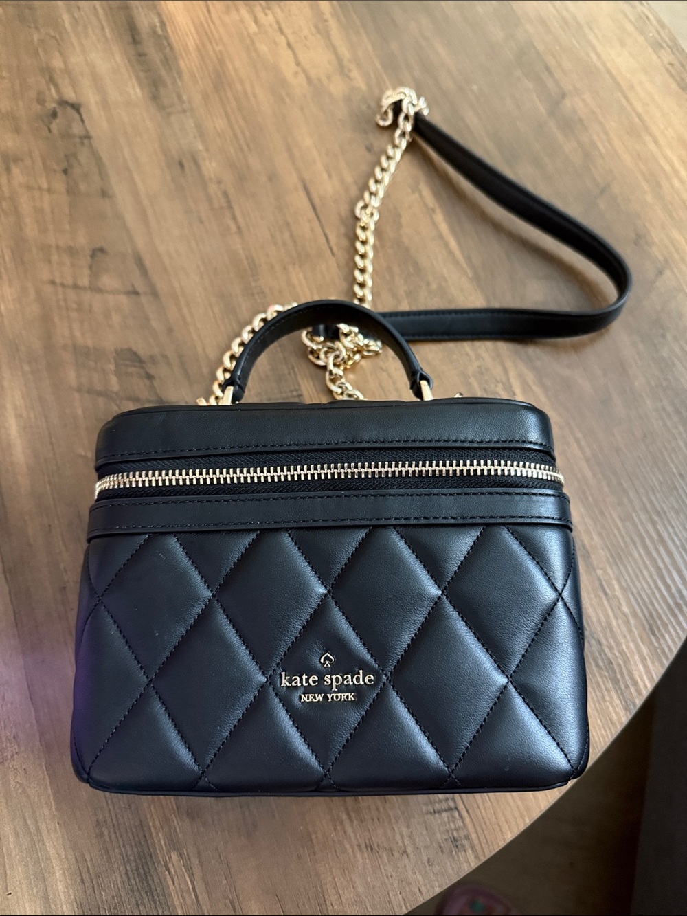 kate spade Black Quilted Leather Crossbody Vanity Bag with Gold Chain